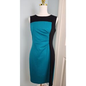 Calvin Klein Womens Dress Size 4 Teal Black Colorblock Sheath Ruched Sleeveless